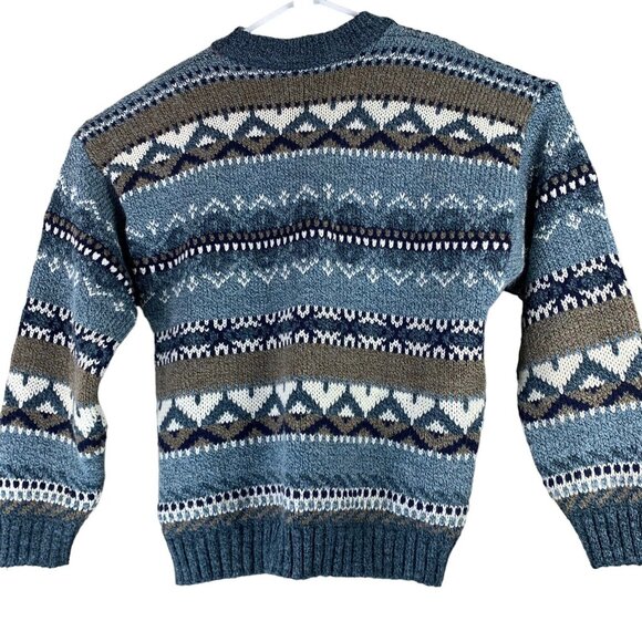 XL Sweater Wool Blend Striped Geometric Blue White Long Sleeved Pullover - Picture 2 of 4